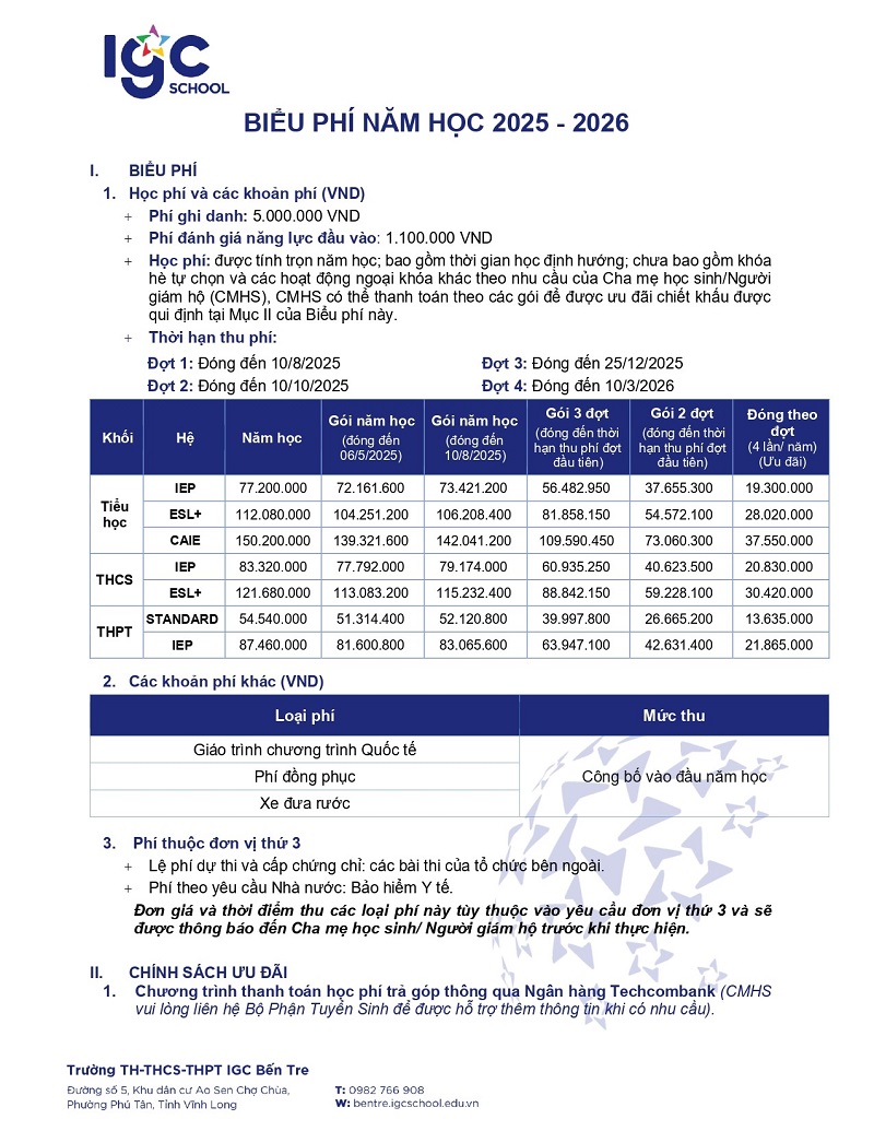 Bảng biểu học phí trường IGC Bến Tre năm học 2025 - 2026