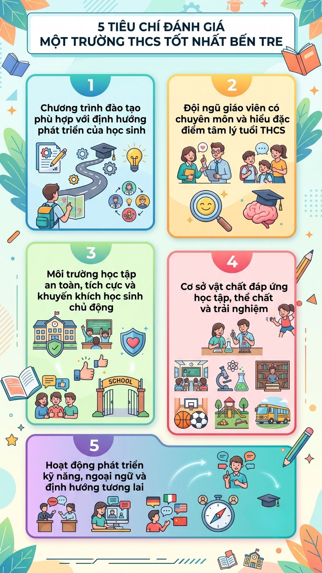 Infographic 5 tiêu chí đánh giá trường THCS tốt nhất Bến Tre